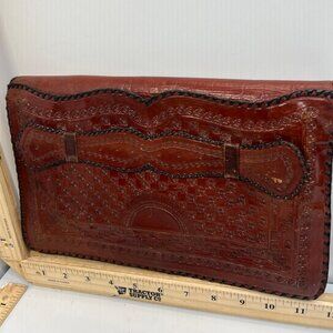 Vintage Mexico Tooled Leather Clutch Purse Handbag Embossed Western Wallet